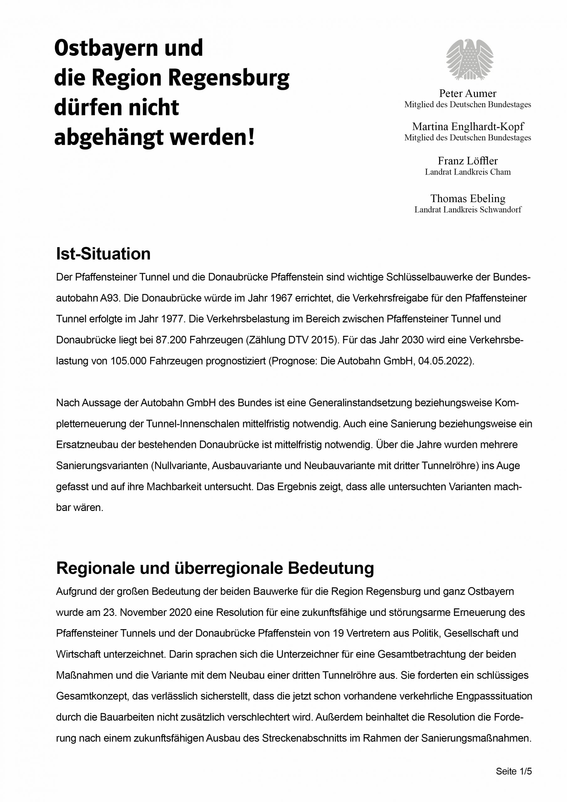 Forderungspapier zur Generalsanierung des Pfaffensteiner Tunnels und der Donaubrücke