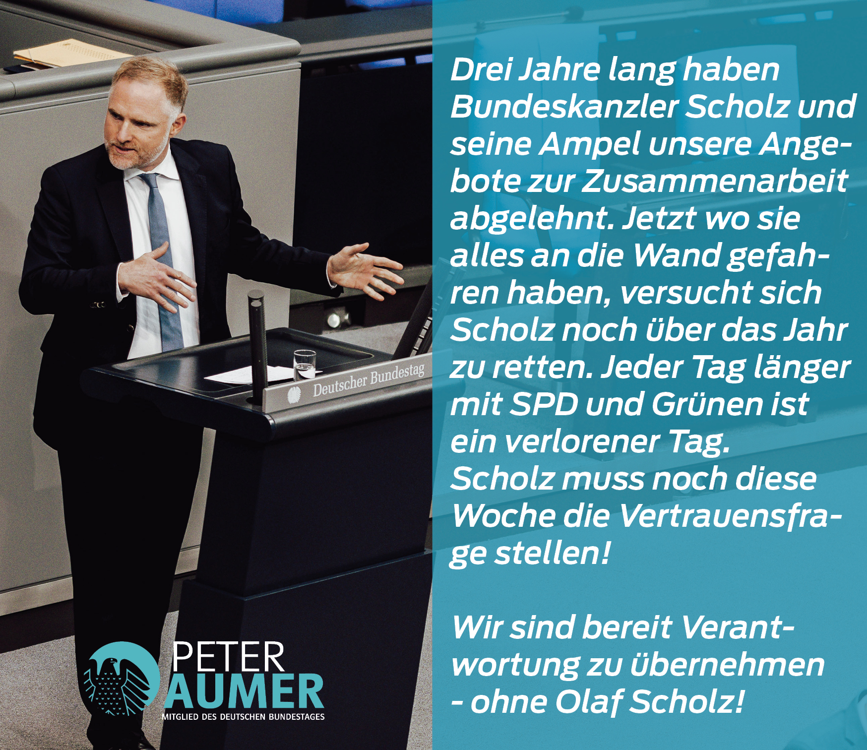 Peter Aumer: Kanzler muss die Vertrauensfrage noch diese Woche stellen!